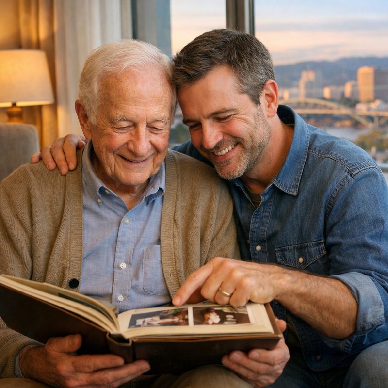 A father and son sharing memories together in Portland