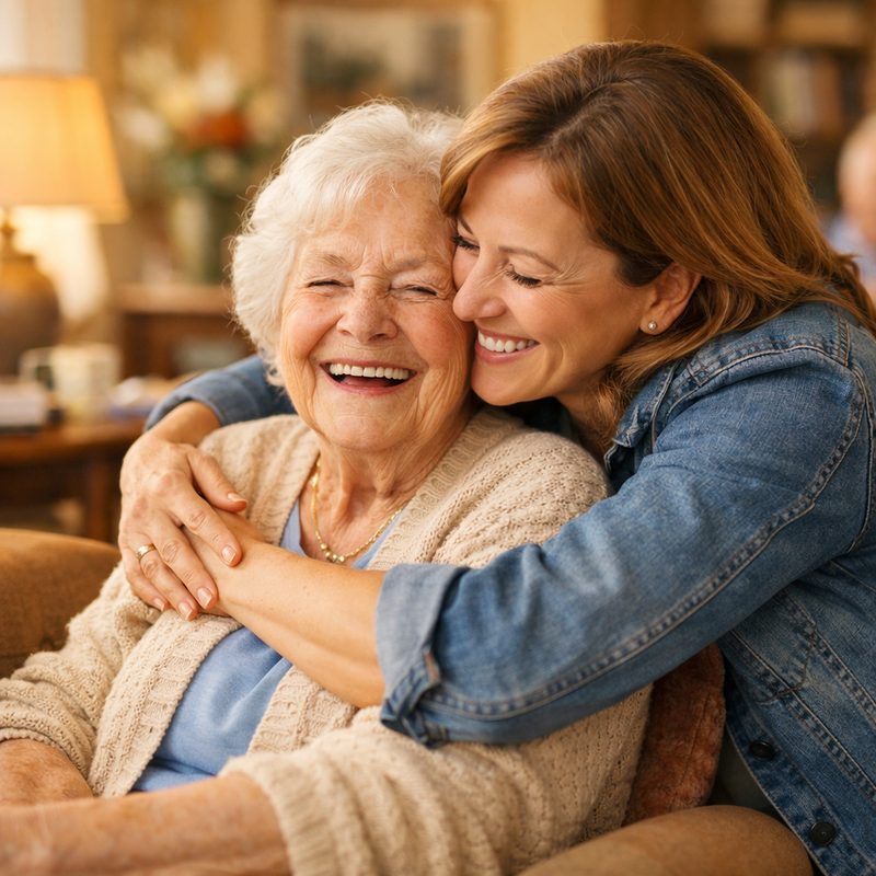 A tender embrace between mother and daughter, reunited through care facility proximity